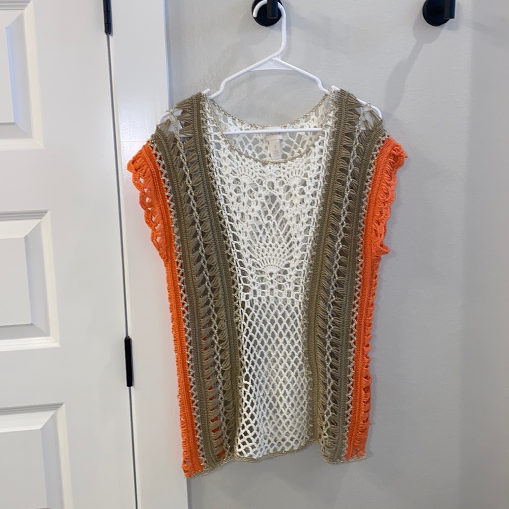 EUC Chico’s Size 1 Crochet Knit Top Shirt Long Tunic Fits Like a Medium M